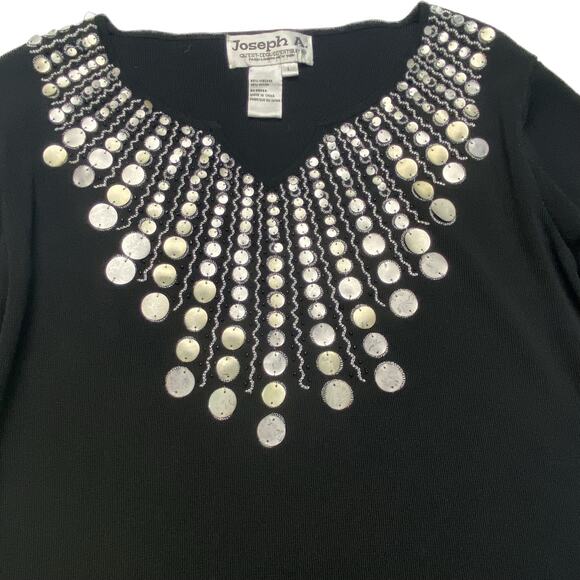 Joseph A Silver Sequins Embellished Sweater V-Neck 3/4 Sleeve Black Women L - Picture 2 of 6